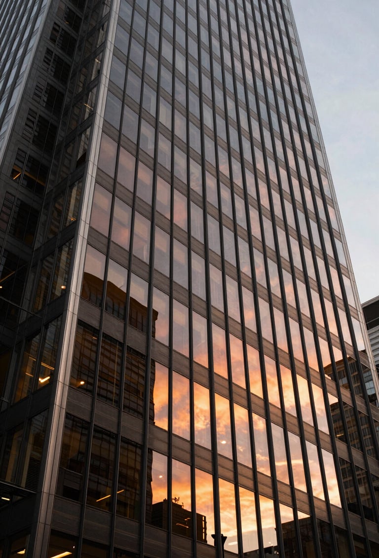 A low-angle cinematic shot of a modern Sydney skyscraper's glass facade reflecting the orange hues of a sunset, captured with a high-end photography style emphasizing clean lines and creative perspective.