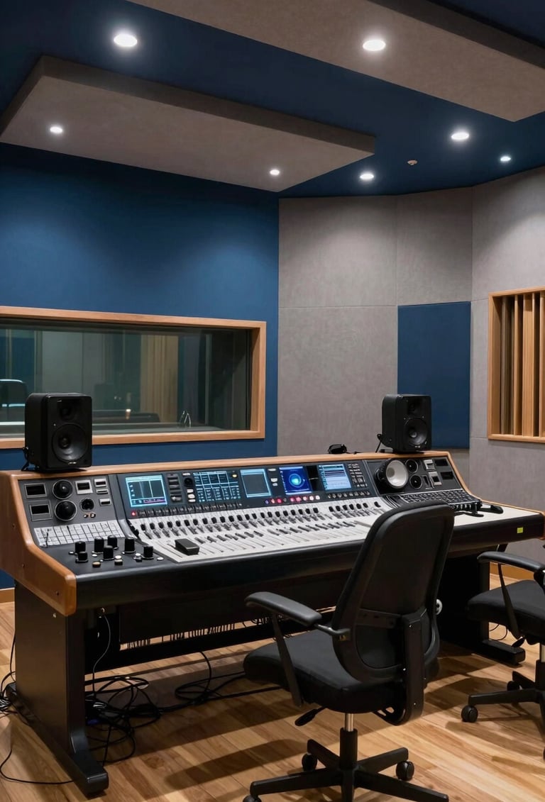 A wide angle cinematic shot of a professional music recording studio in a modern Latin American / Spanish building, featuring high-end recording equipment, muted slate blue lighting, and clean steel grey acoustic panels.