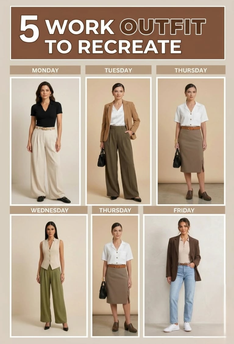 5 casual work outfits women can recreate this week — Monday to Friday outfit ideas.