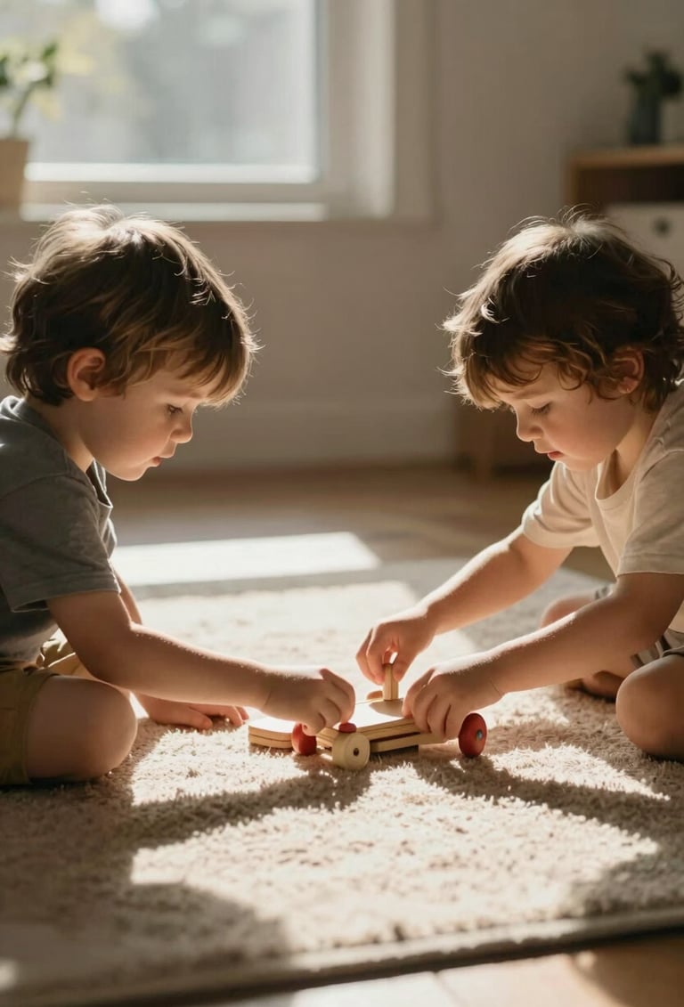 A candid, medium shot of two young children playing with a wooden toy on a Soft Sand colored rug. Warm sunlight streams through a nearby window, creating a cinematic, high-contrast look with soft Charcoal shadows.