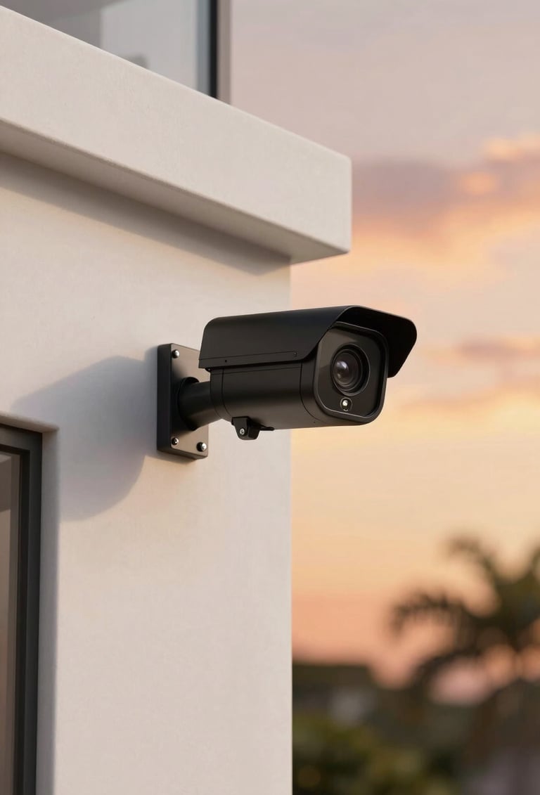 A high-tech black security camera mounted on a clean white modern wall of a South American / Brazilian luxury home, captured in warm sunset lighting with a soft tangerine sky in the background.