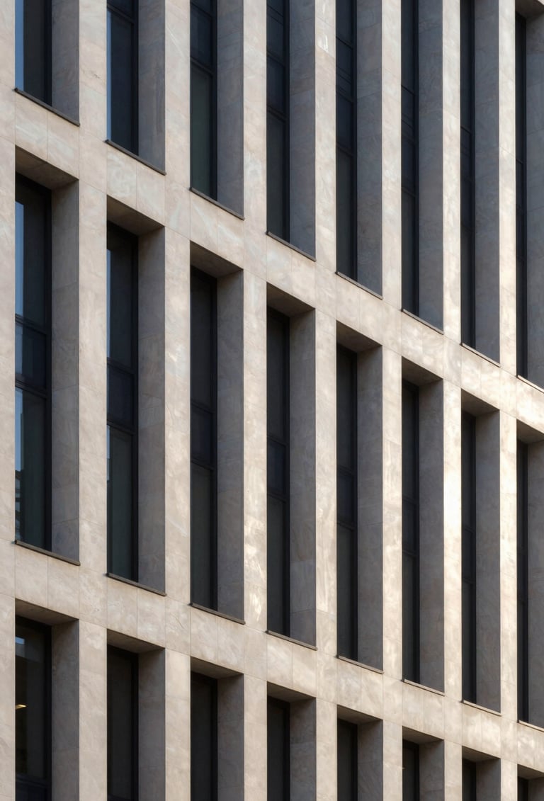 A minimalist architectural photograph of a sleek, modern financial building facade in an International / Western city. The stone is a pearlescent white, casting long, deep plum shadows in the golden hour light.