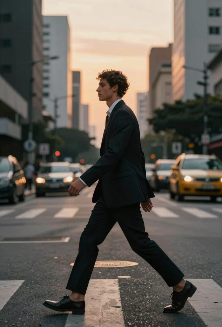 Spontaneous street photography shot in São Paulo, capturing a model in motion crossing a street. Natural, cinematic lighting with warm sunset tones against gray buildings. Professional and contemporary style.
