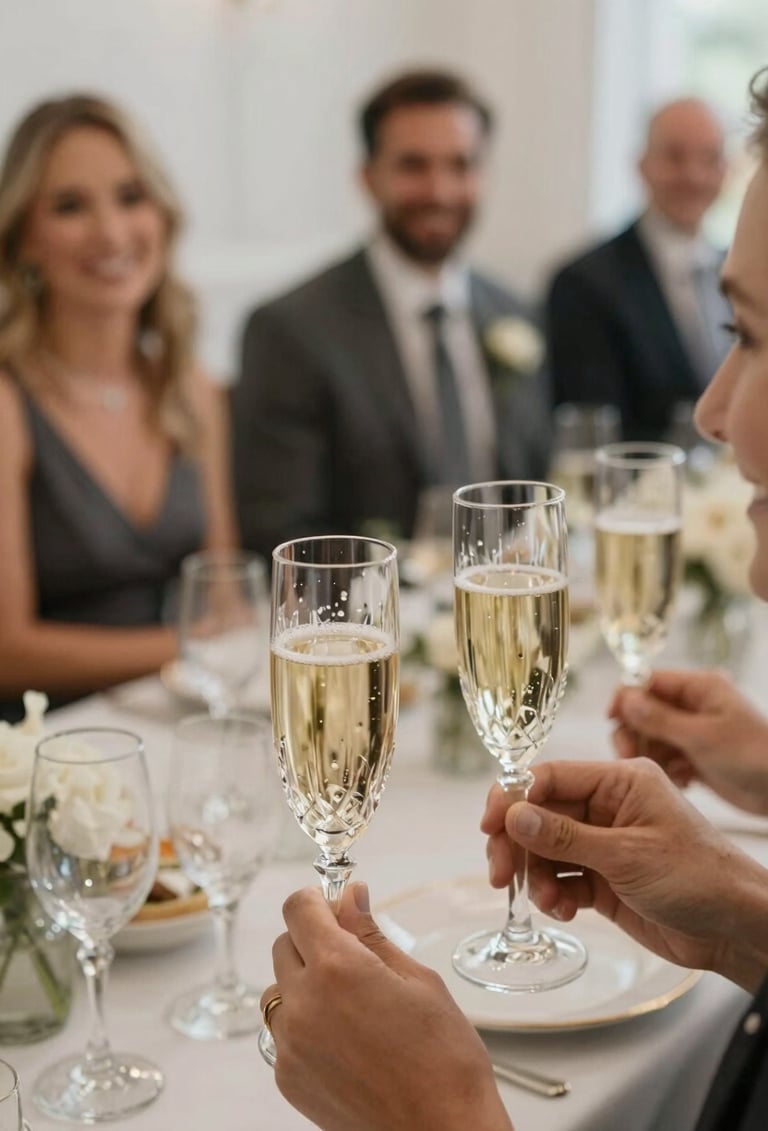 A close-up photograph of a champagne toast at a wedding reception in a North American / US venue. The focus is on the crystal glasses catching the Off-white light, with a blurred background of smiling guests dressed in elegant Dark Charcoal attire. The mood is celebratory and artistic.