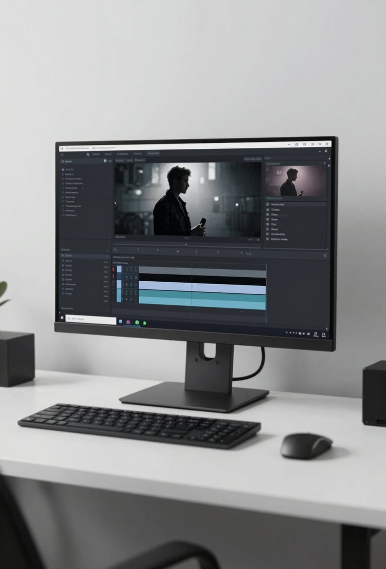 A sleek professional filmmaker's workstation with a 4K monitor showing a moody edit, minimalist desk, color palette includes #0A0A0A and #95A5A6.