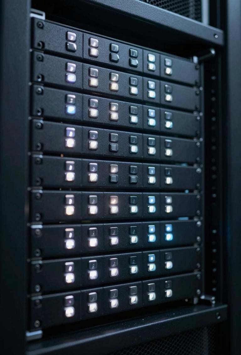 A close-up photograph of a server rack with blinking silver and ice white status lights in a dim, dark charcoal data center, emphasizing precision and secure infrastructure.