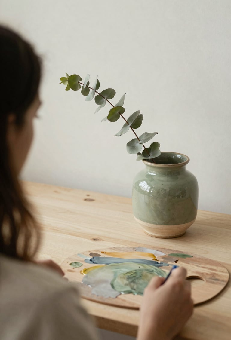 An over-the-shoulder shot of an artist's workspace. A single branch of eucalyptus sits next to a handmade ceramic pot. The palette is dominated by pale moss and warm cream, with soft, diffused lighting reflecting a calm mood.