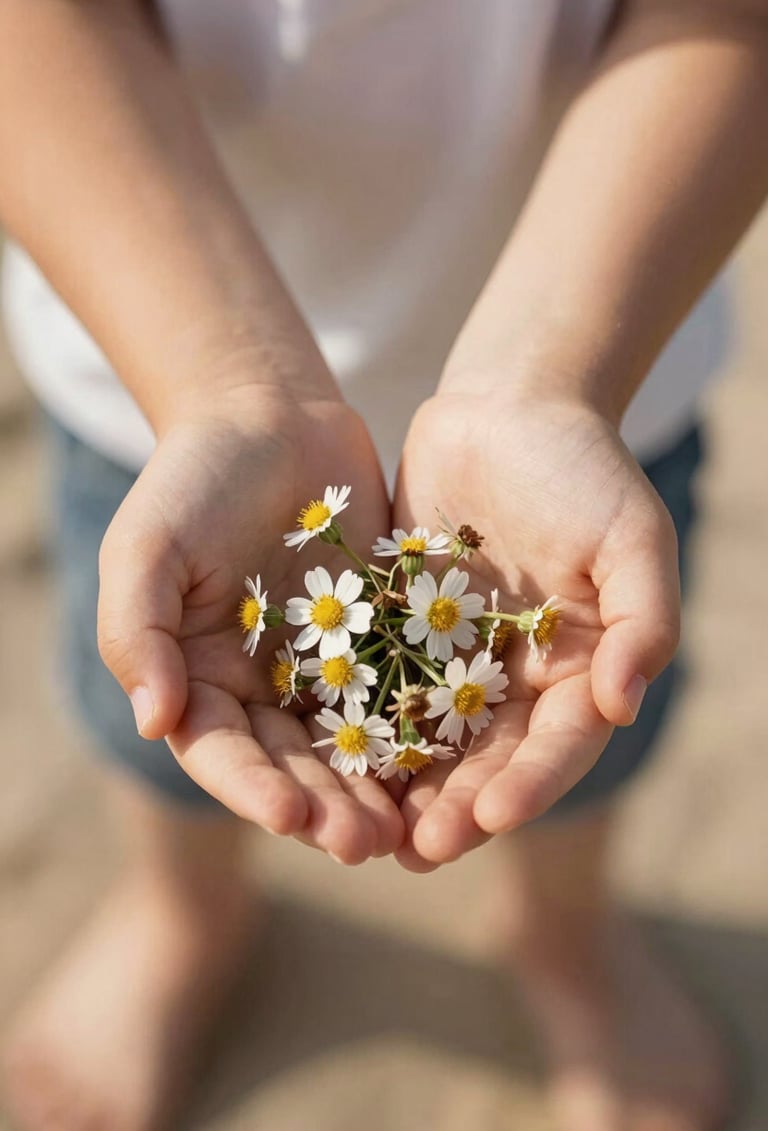 A close-up, sun-drenched photograph of two children’s hands holding a small handful of coastal wildflowers. The lighting is soft and warm beige, emphasizing the authenticity and delicate nature of the moment.