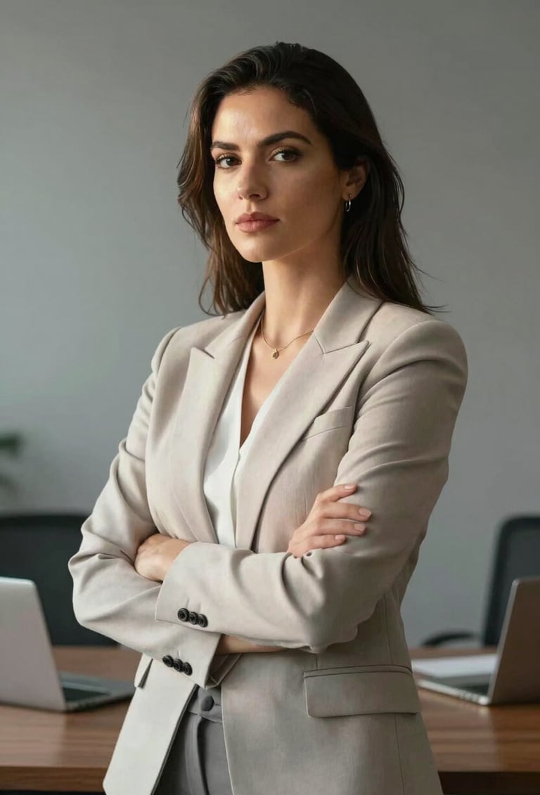 A professional portrait of a confident executive in a modern South American / Brazilian office setting, soft and natural lighting hitting from the side, elegant minimalist attire, soft greige background.