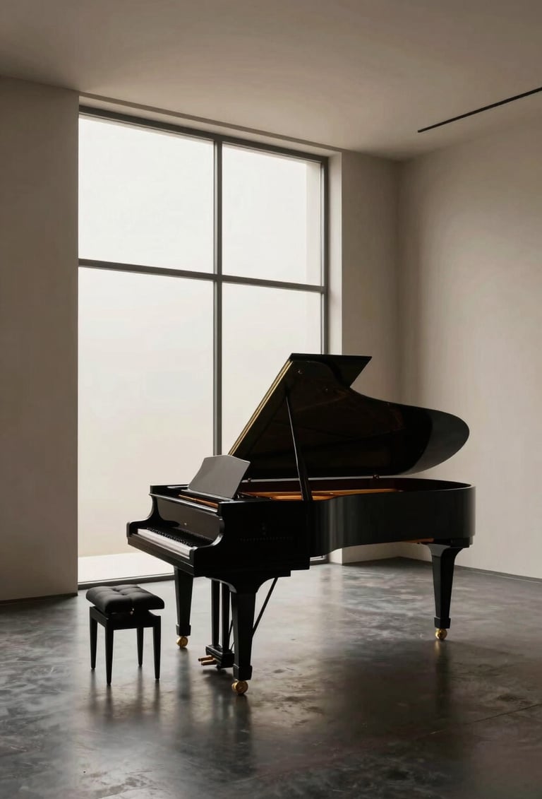 Wide-angle photography of a grand piano in a vast, minimalist studio. The floor is dark charcoal, and soft taupe light filters through a high window, creating an elegant and understated atmosphere of creative solitude.