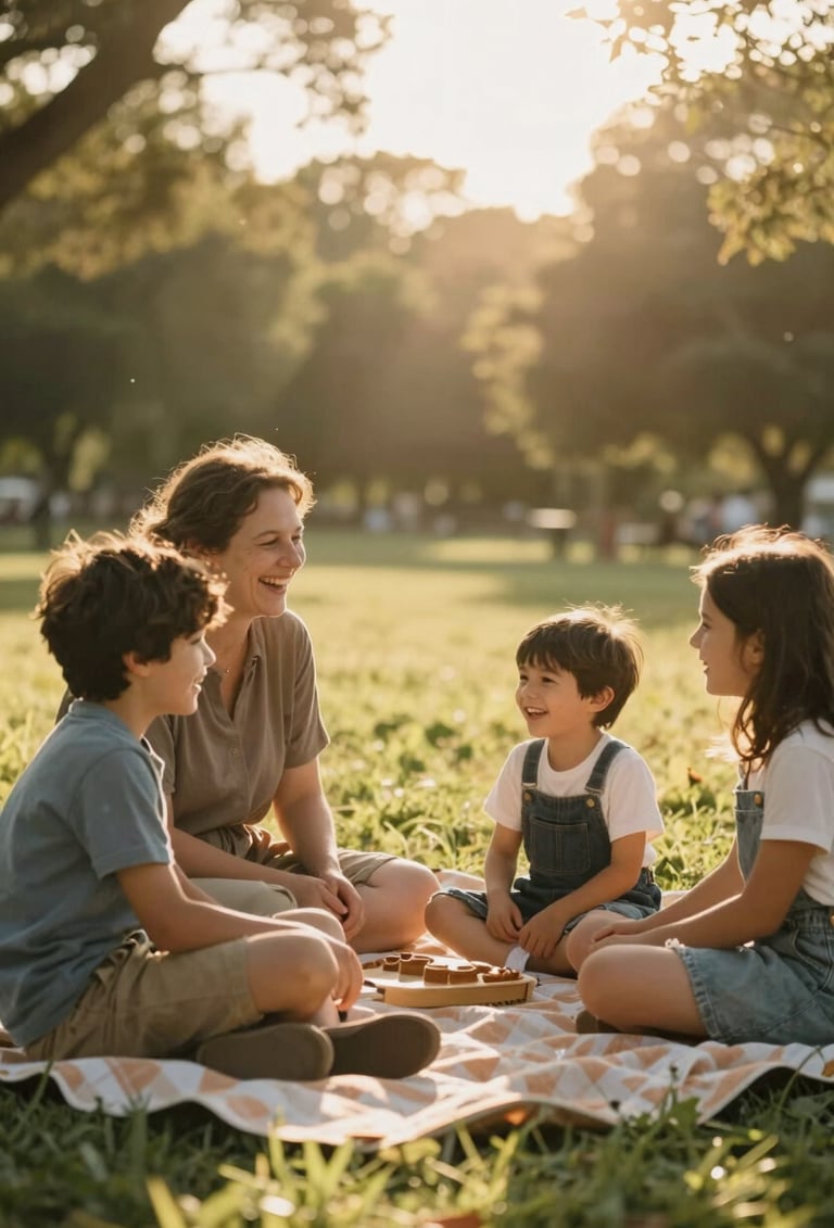 Cinematic photography of a family laughing together on a picnic blanket in a sun-drenched park. Warm golden hour light creating a soft lens flare. Authentic interaction, natural storytelling style.