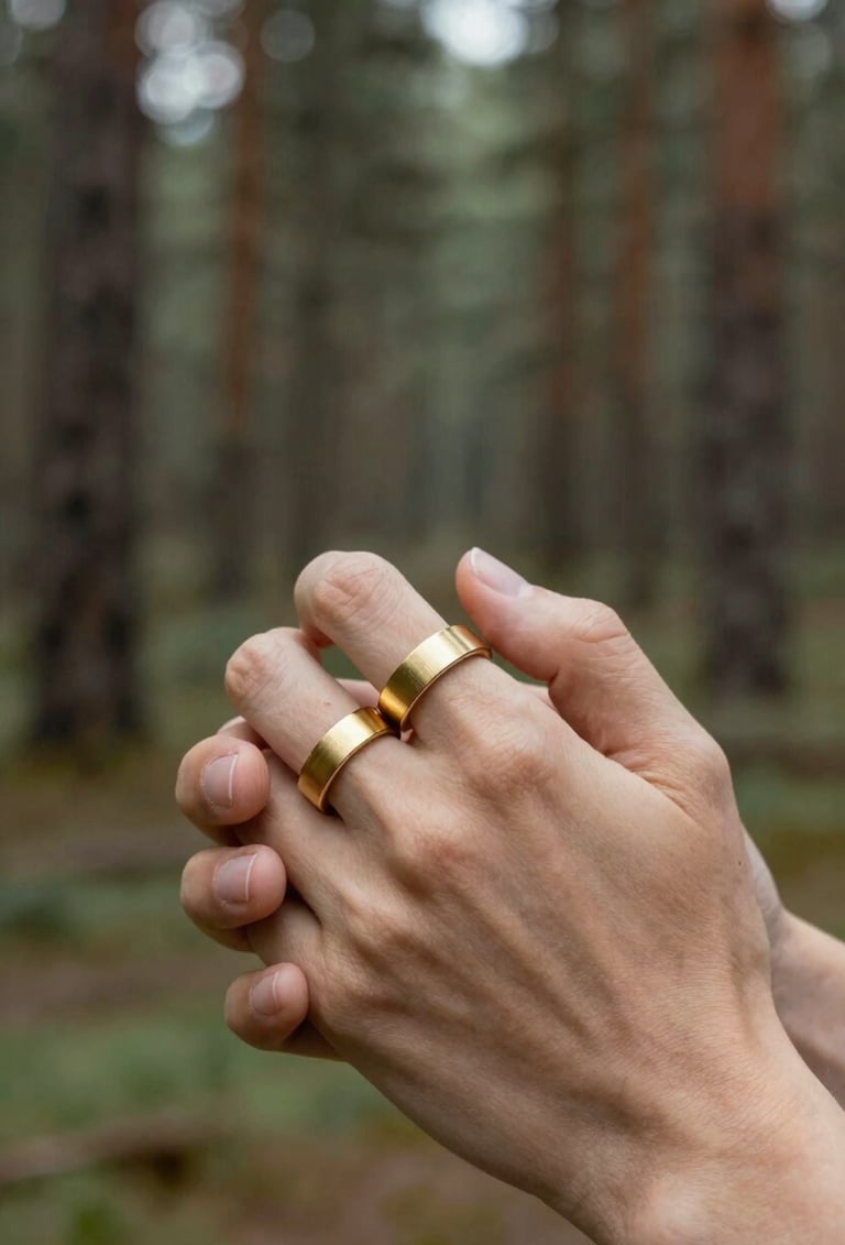 A minimalist, high-end close-up shot of a couple's hands entwined, showing brushed gold wedding bands. The background is a soft-focus North American pine forest, maintaining a clean and luxury photography portfolio aesthetic.