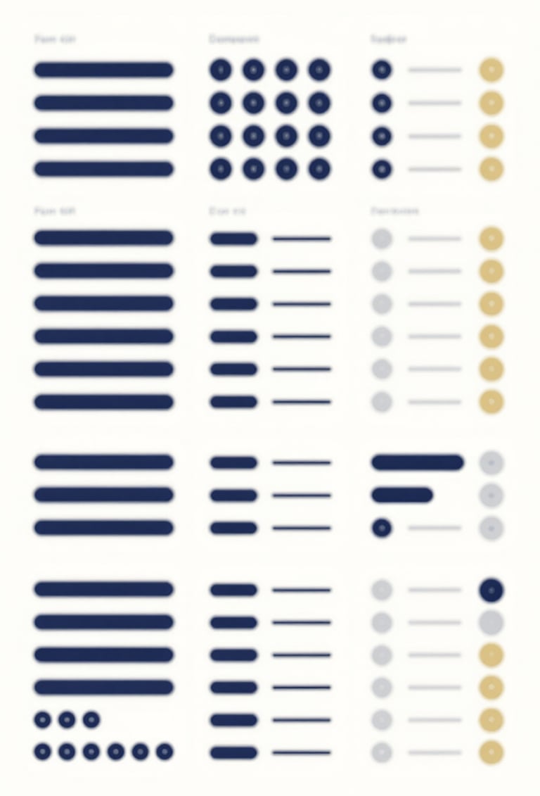 A wide-angle shot of a design system documentation page. Neatly organized rows of UI components like buttons, sliders, and toggles in dark blue and gold tones. The layout is spacious and professional, set against a crisp off-white background.