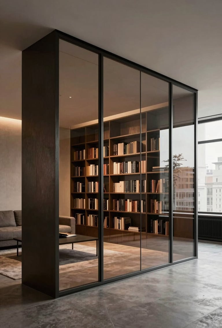 A wide interior shot of a minimalist urban loft. A large, sophisticated glass and steel partition wall divides the living room and study. The frame is finished in deep charcoal and the glass is perfectly transparent, reflecting a warm bronze interior light.