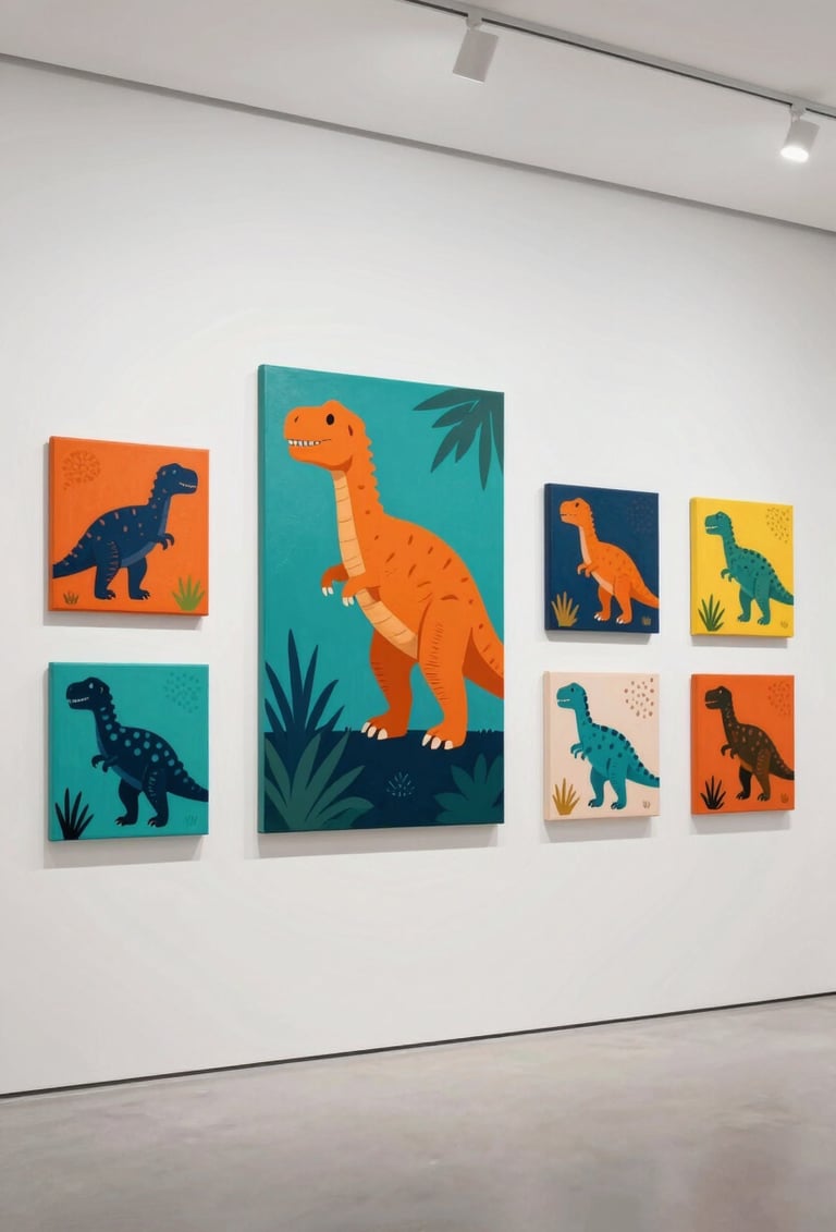 A wide angle view of a white gallery wall curated with several pop-art dinosaur paintings. The dinosaurs are rendered in vibrant #D87D51 orange and deep #1F3A4B teal against colorful, patterned backgrounds.