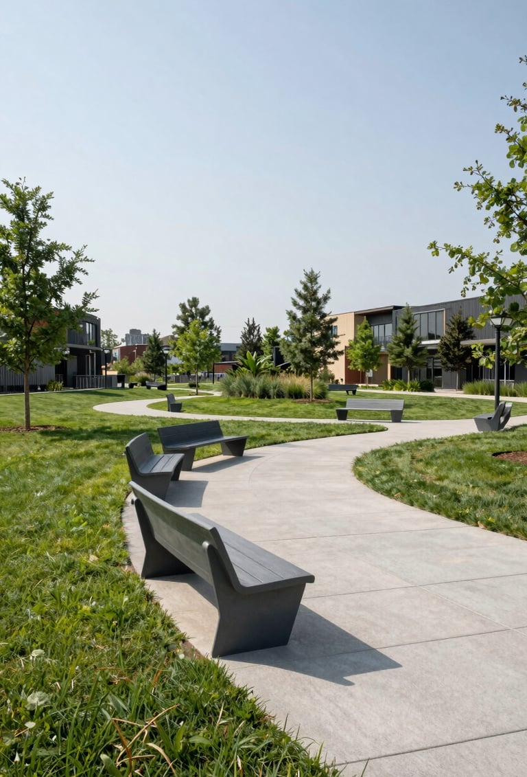 A wide-angle landscape photograph of a sustainable community park in a North American / US city. The park features modern Steel Grey benches, Light Silver paved paths, and lush green spaces under a clear sky.