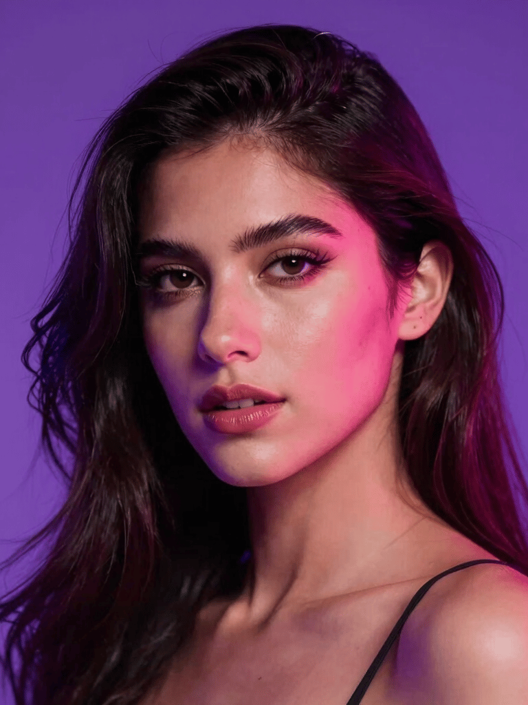 A seductive studio headshot of an elite Latina model, showcasing her elegant features under electric neon magenta and purple backlighting. High contrast dark-mode vibe, global adult entertainment appeal, high fashion adult photography style, Latin American / Global.