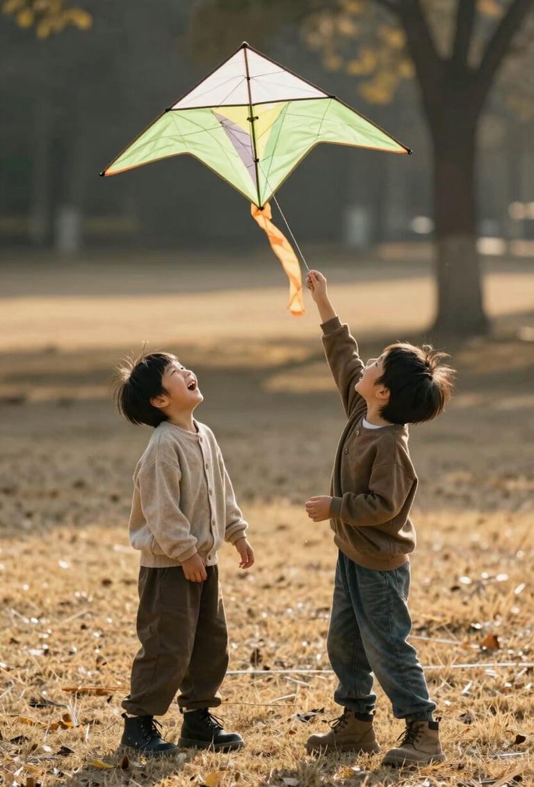 A vertical candid shot of two young children laughing while playing with a vintage wooden kite. The scene is bathed in warm, sun-drenched light in a Western / Global park. The background shows soft charcoal shadows and almond-toned dry grass.