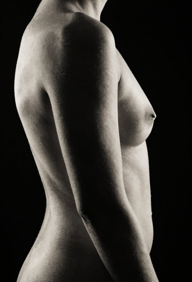 Fine art photography of a human silhouette, monochrome, focusing on the curve of the torso against a black background. Minimalist composition, high contrast, off-white highlights, North American aesthetic.