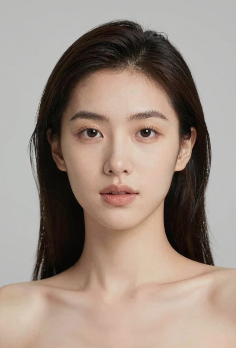 A sophisticated studio portrait of a woman with natural makeup, clean and minimalist composition, soft lighting against a warm grey #E0DCD9 background, reflecting authentic storytelling.