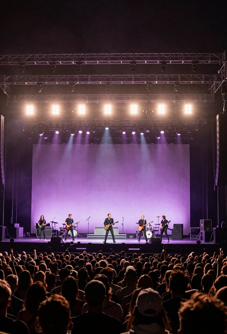 A wide-angle photograph of a massive concert stage during a Stefan Taylor performance. The lighting is a blend of muted plum and deep mauve, with silhouettes of an engaged audience in the foreground. High-energy, professional concert photography style.