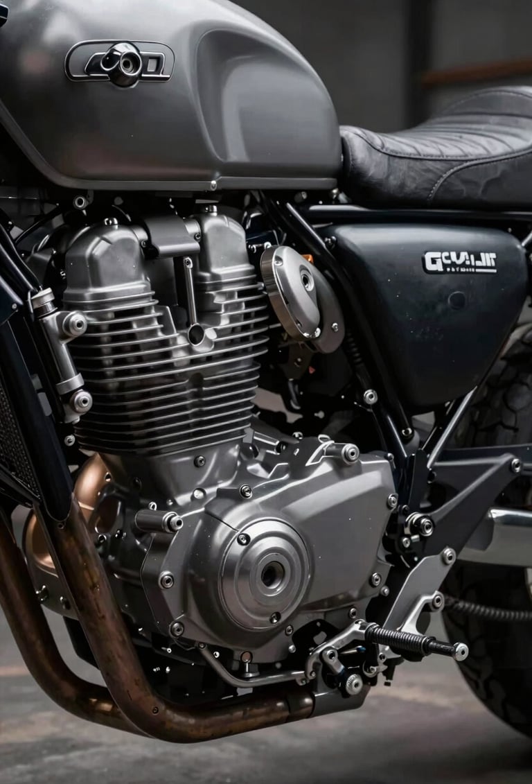 A sharp, detailed macro photograph of a motorcycle's mechanical parts, featuring the cool silver grey textures of the engine and rich charcoal black leather seat details. Sophisticated studio-style lighting in a Global / Western workshop environment.