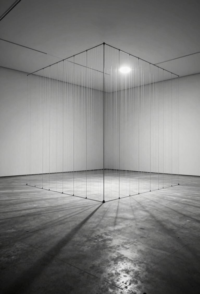 A cinematic black and white wide-angle photograph of a large-scale immersive sound installation in a North American gallery. Minimalist architecture, soft ambient light coming from hidden sources, long shadows on a concrete floor.