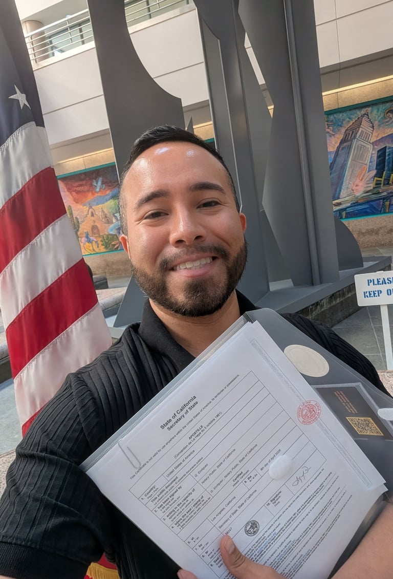 A man holding a certified California apostille document from the Secretary of State next to an American flag.