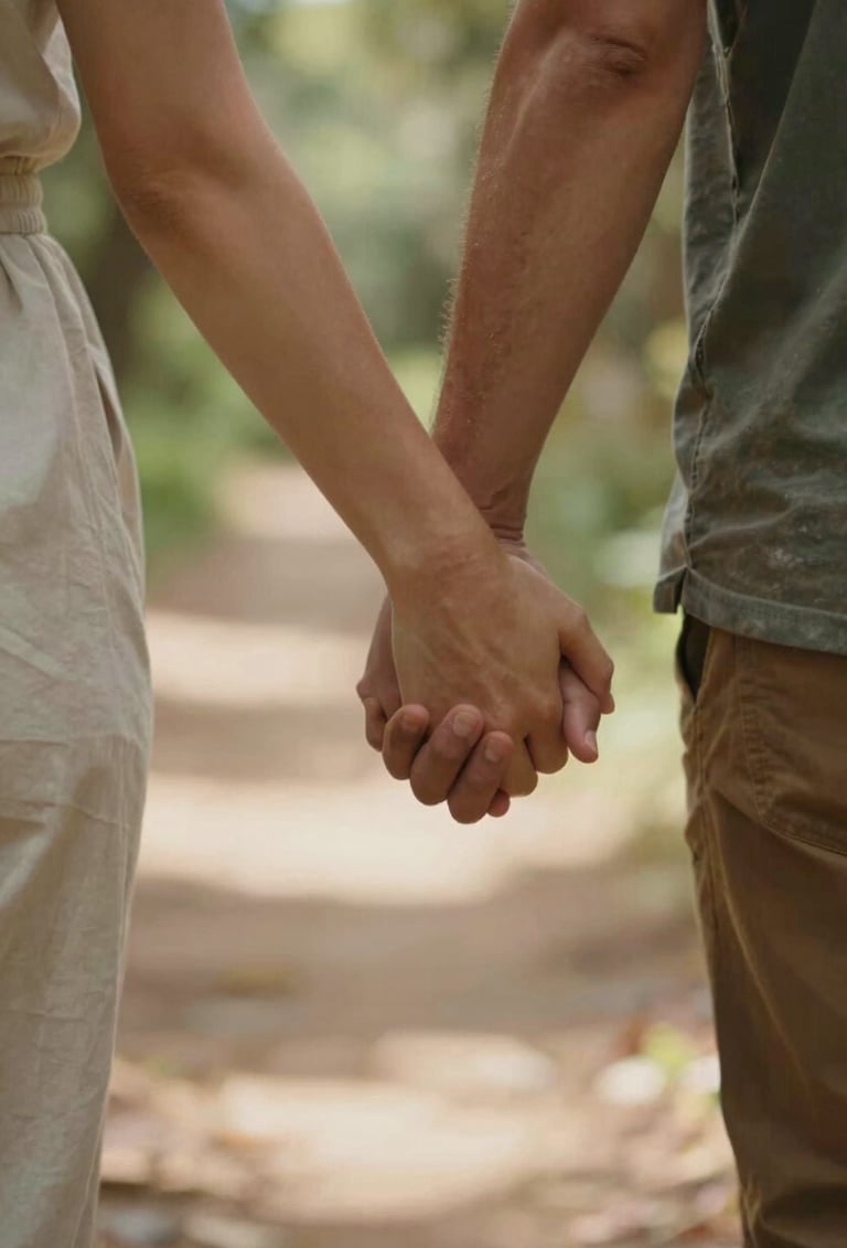 A close-up, authentic shot of a couple's hands holding each other while walking on a sun-drenched trail. The style is cinematic lifestyle photography, featuring warm textures and earthy tones like #E2D7C3 and #AD7B5B in the natural surroundings.