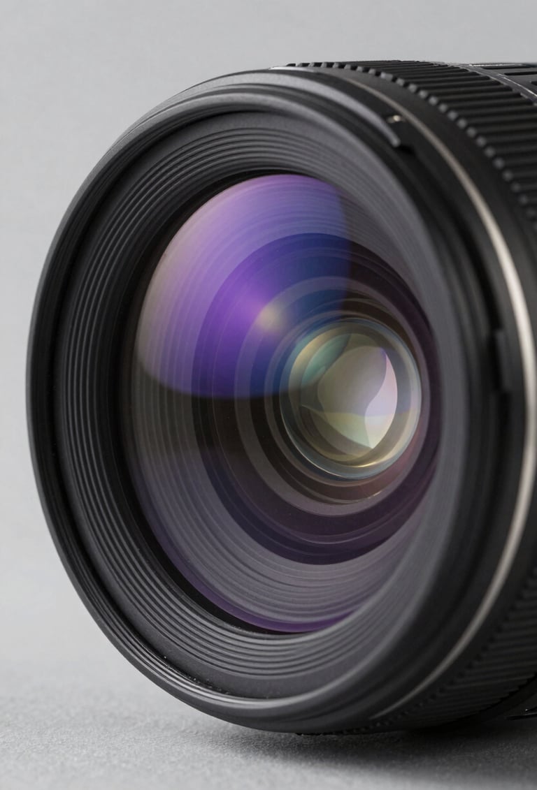 Close-up photography of a premium camera lens front element, showing deep blue and purple glass coatings. The composition is artistic and sharp, with subtle light gray reflections and professional studio lighting used in North American commercial photography.