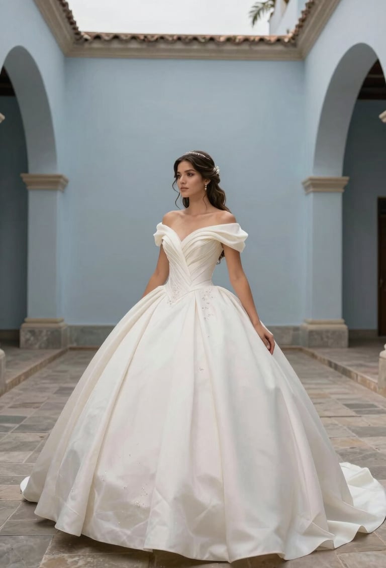 A beautiful quinceañera wearing a modern soft off-white ballgown, posing in a minimalist South American / Colombian architectural setting. Soft natural light, high-resolution photography focusing on elegance, incorporating slate blue-grey and pale sky blue accents in the background.