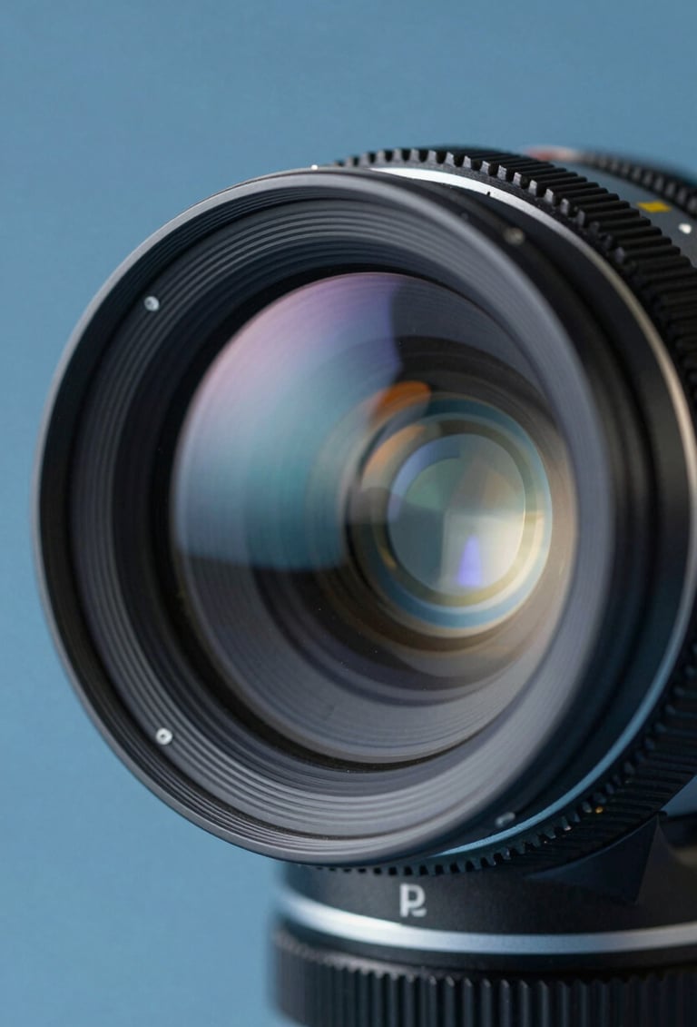 Close-up of a high-end vintage cinema lens, reflecting a soft blue #86A3B8 light. The composition is sleek and professional, conveying a high-quality filmmaking aesthetic.