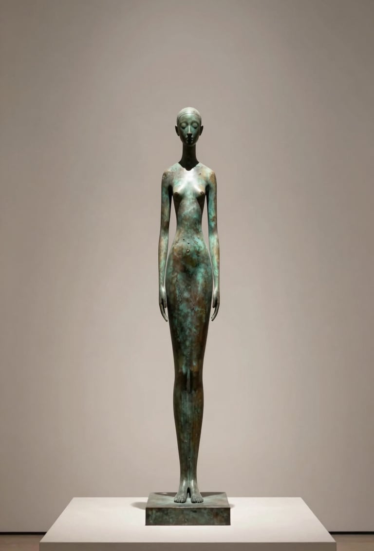 A tall, slender bronze sculpture standing against a neutral #F9F7F0 wall, dramatic lighting from above, sophisticated minimalism, luxury art gallery setting.