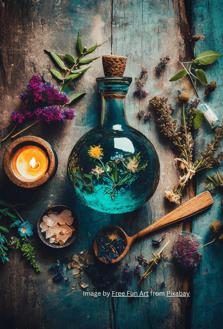 a bottle of tea and candles on a table and have some plant base herbal remedies 