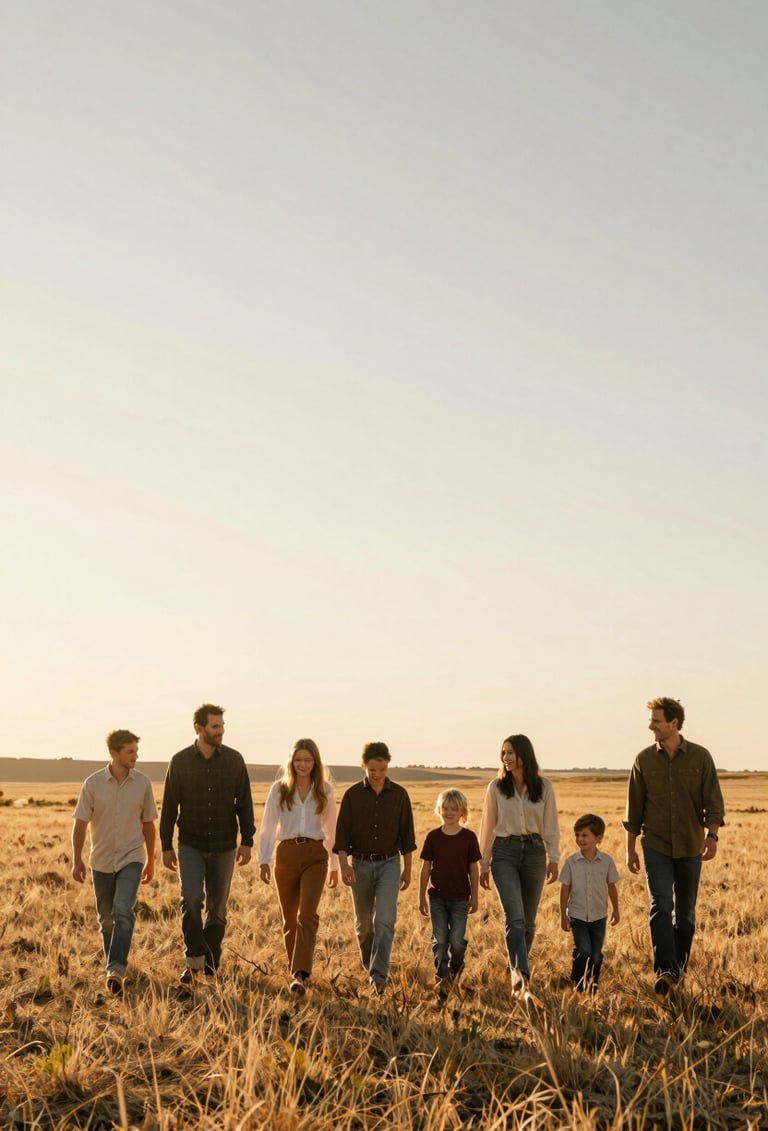 A wide, cinematic landscape shot of a North American / General Western family walking through a meadow during golden hour. The sky is a soft sand color, and the sun is creating long, dramatic shadows. The family is dressed in neutral, earthy tones, looking authentically happy and unposed.