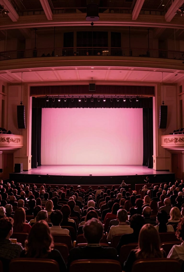 A wide-angle photography shot of a grand performance hall in a North American / US city. The stage glows with soft pink and muted rose lights, while the audience is silhouetted against the warm pearl brilliance of the stage. The style is cinematic and professional.