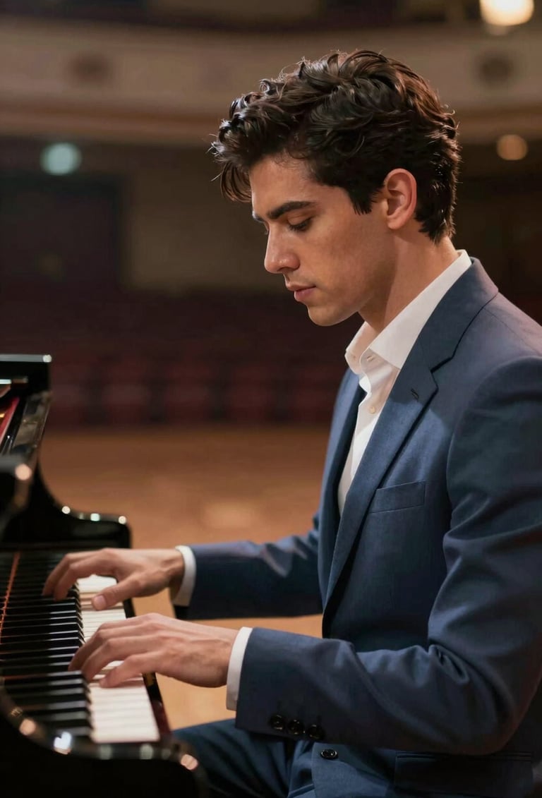 An elegant and evocative portrait of Lyan Galindo playing a grand piano in a dimly lit hall, warm highlights hitting his face, palette colors #1A2D3A and #E6EBE0 visible in the shadows and light.