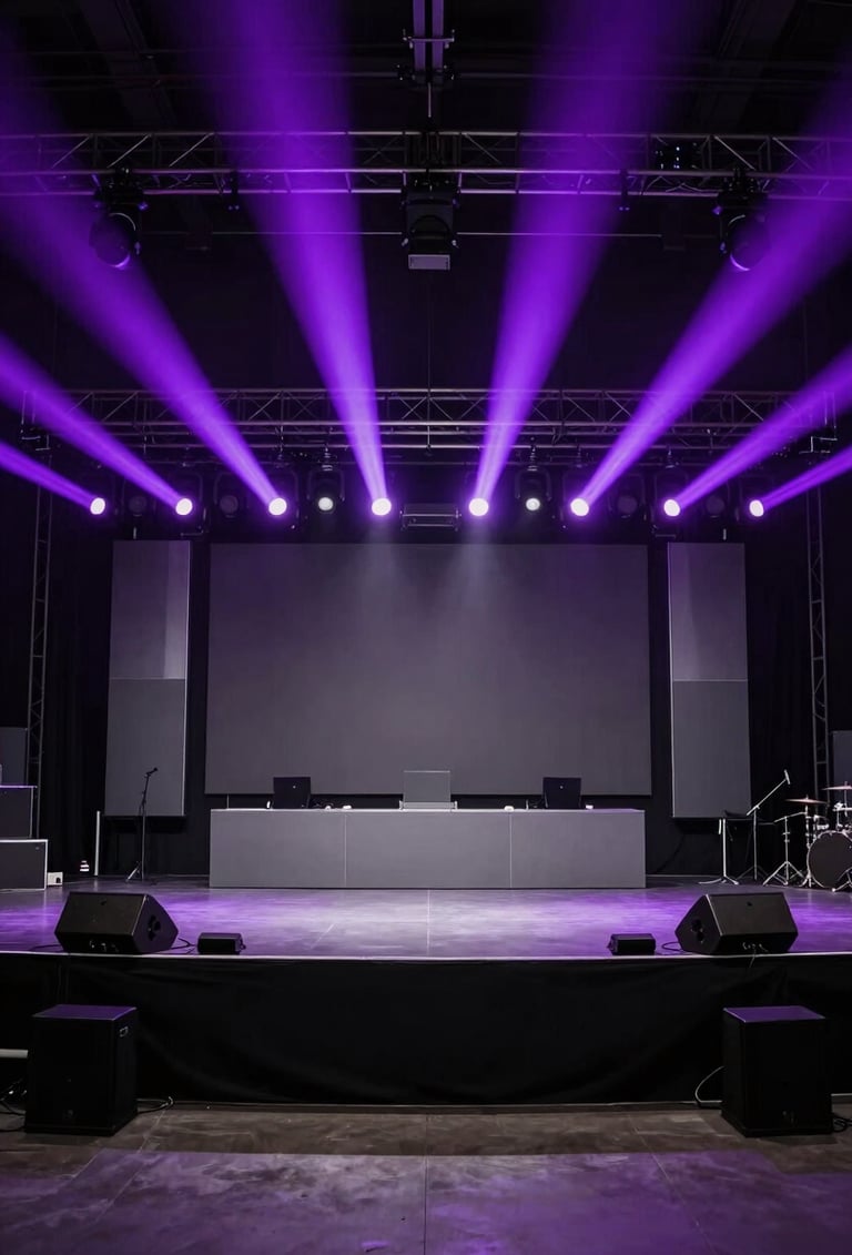 A wide shot of a high-end music event stage in a Spanish / Latin American venue. Professional lighting rig beaming vibrant electric violet rays through a misty atmosphere. Minimalist stage design with clean lines and steel grey accents. Solid, professional aesthetic in rich deep black tones.
