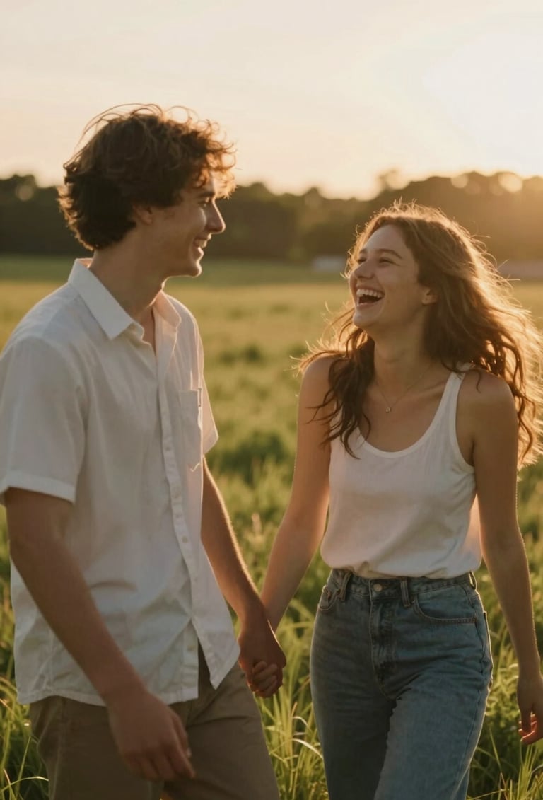 Authentic candid shot of a young couple laughing together in a sun-drenched meadow at golden hour, cinematic lighting with a warm and inviting atmosphere.