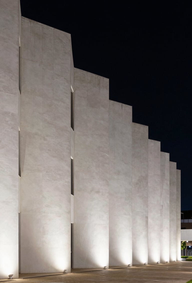 A wide, cinematic shot of a modern architectural facade in a South American / Brazilian setting. The building is composed of white geometric blocks against a pure black night sky. Elegant exterior lighting highlights the texture of the materials.