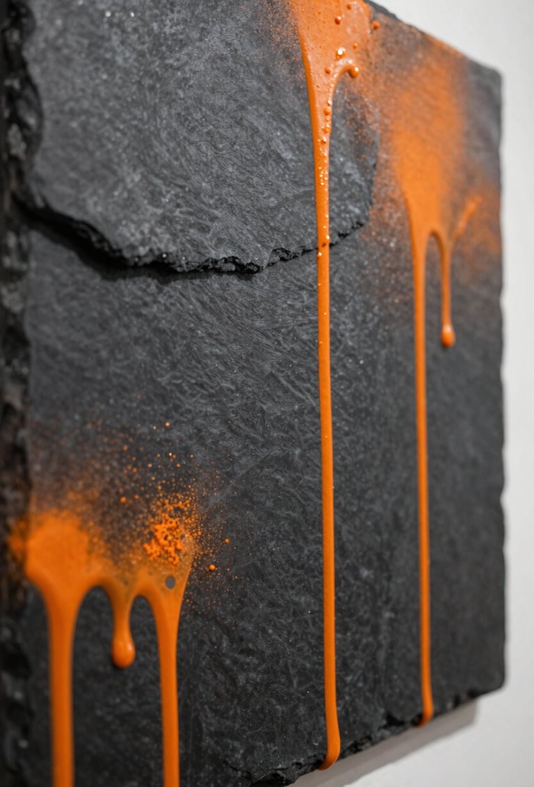 A macro photography shot of a mixed-media canvas in an International / Urban Art Scene gallery, showing layers of deep charcoal slate acrylic and safety orange spray paint drips.