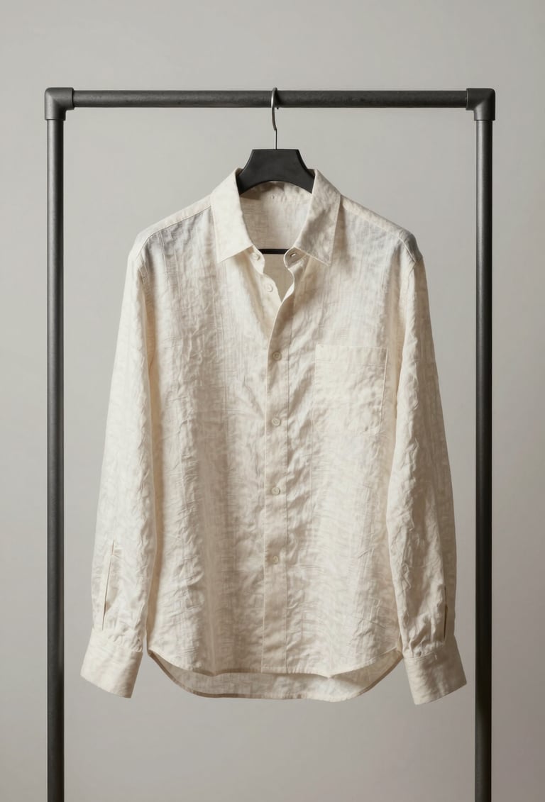 A high-end photography shot of a soft off-white linen shirt hanging on a minimalist dark slate grey metal rack. The background is a clean, neutral North American / Western European studio wall. Soft, diffused lighting highlights the elegant texture of the fabric. Minimalist and editorial aesthetic.