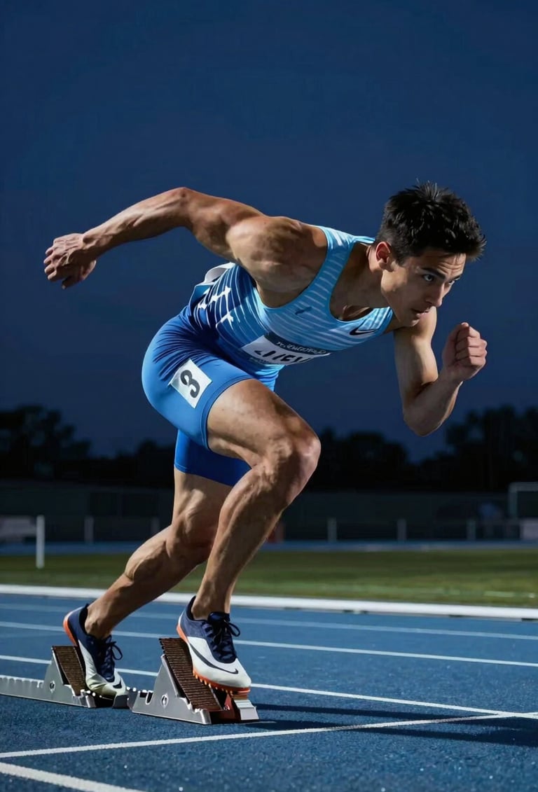 Full body dynamic shot of a sprinter at the starting blocks, intense rim lighting in light blue, dark blue background, North American / US athletics track, sleek futuristic athletic gear, cinematic high-speed photography.