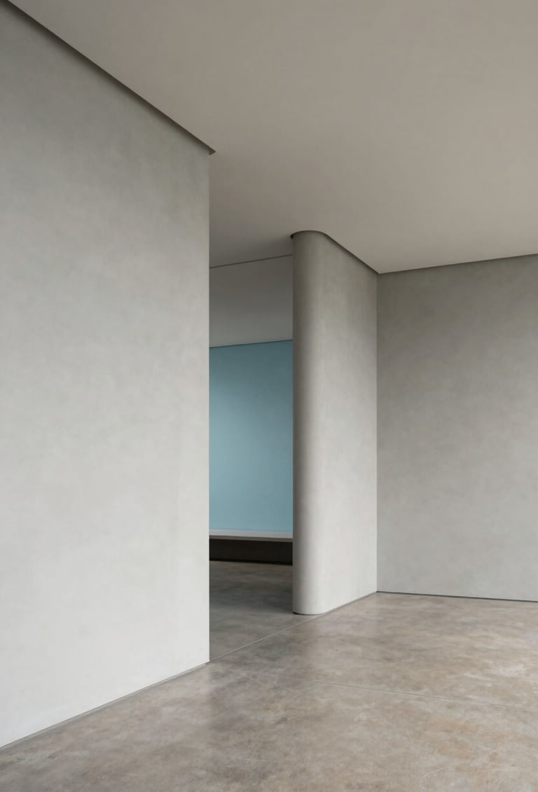 A wide-angle shot of a modern, minimalist gallery space in São Paulo, South American / Brazilian architecture, neutral light gray walls with a single baby blue accent element, natural soft daylight.