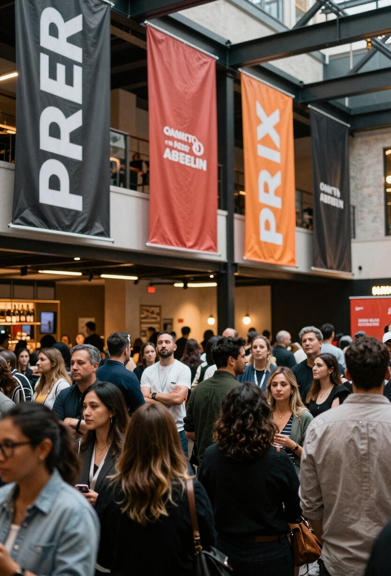 A wide-angle shot of a high-energy PR launch event in a stylish North American urban venue, featuring charcoal and reddish orange banners and a crowd of engaged professionals.