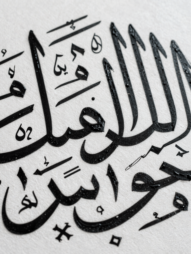 A detailed, high-resolution close-up of a contemporary art canvas. The image shows intricate Arabic calligraphy strokes in black oil paint against a white textured background, highlighting the artistic precision.