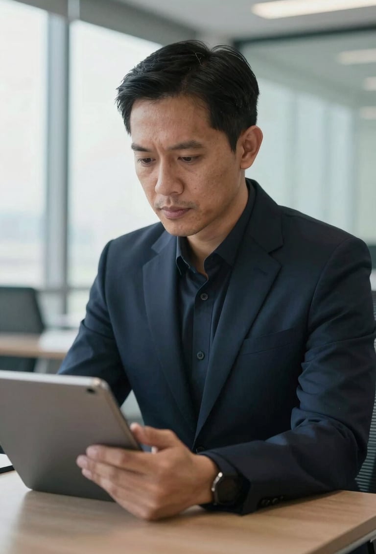 A professional portrait of a man like Zainuddin Kombih in a modern Southeast Asian / Indonesian office, wearing a dark navy blazer, looking thoughtfully at a digital tablet, soft natural morning light.