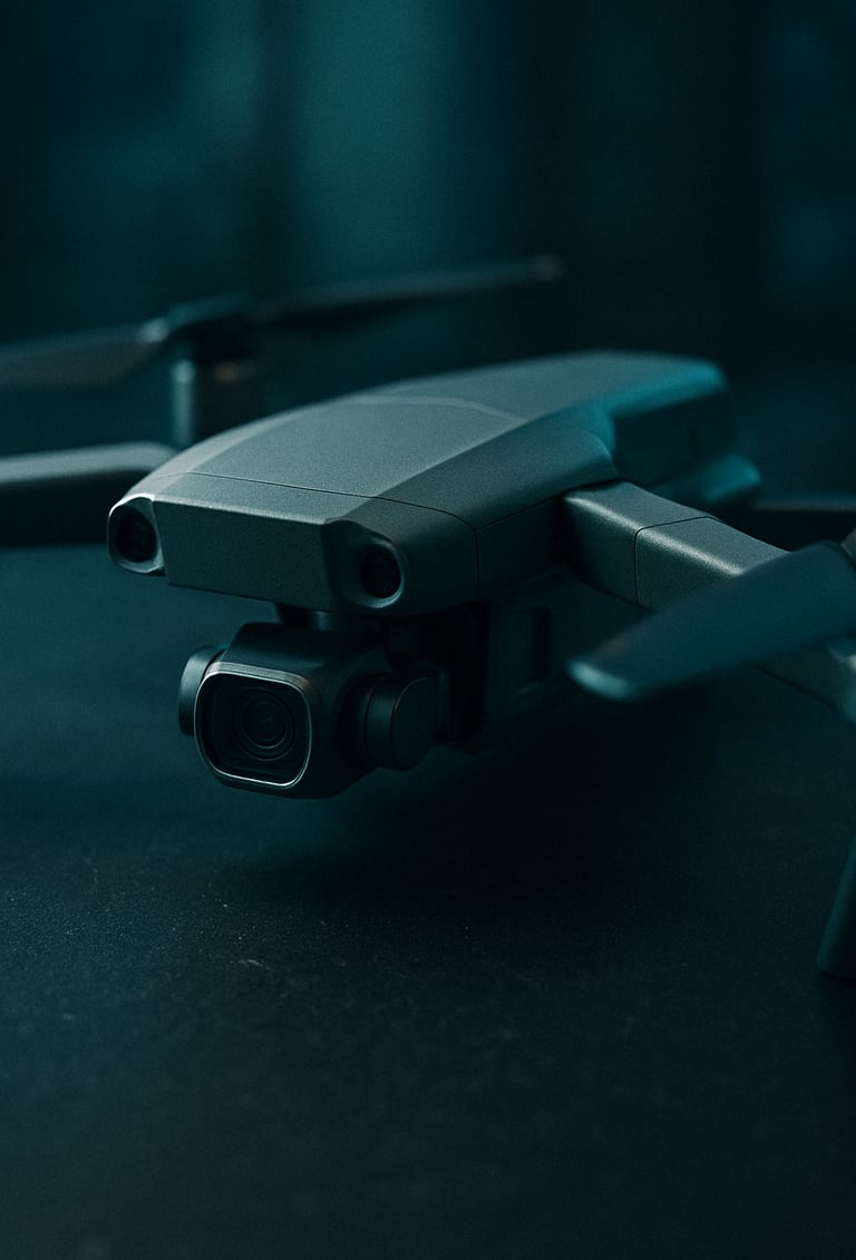 Close-up photography of a professional drone resting on a matte black technical surface, cinematic lighting with cyan accents, digital noise texture, futuristic tech aesthetic, East Asian / Korean urban.