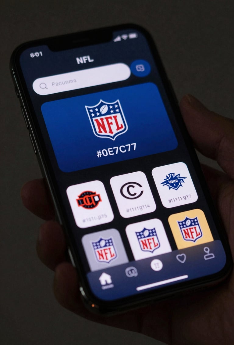 A close-up, high-contrast shot of a sleek, premium mobile device featuring an NFL app interface. The lighting is moody and dramatic, emphasizing textures of metal and glass. Palette dominated by #111111 and #0E7C7B.
