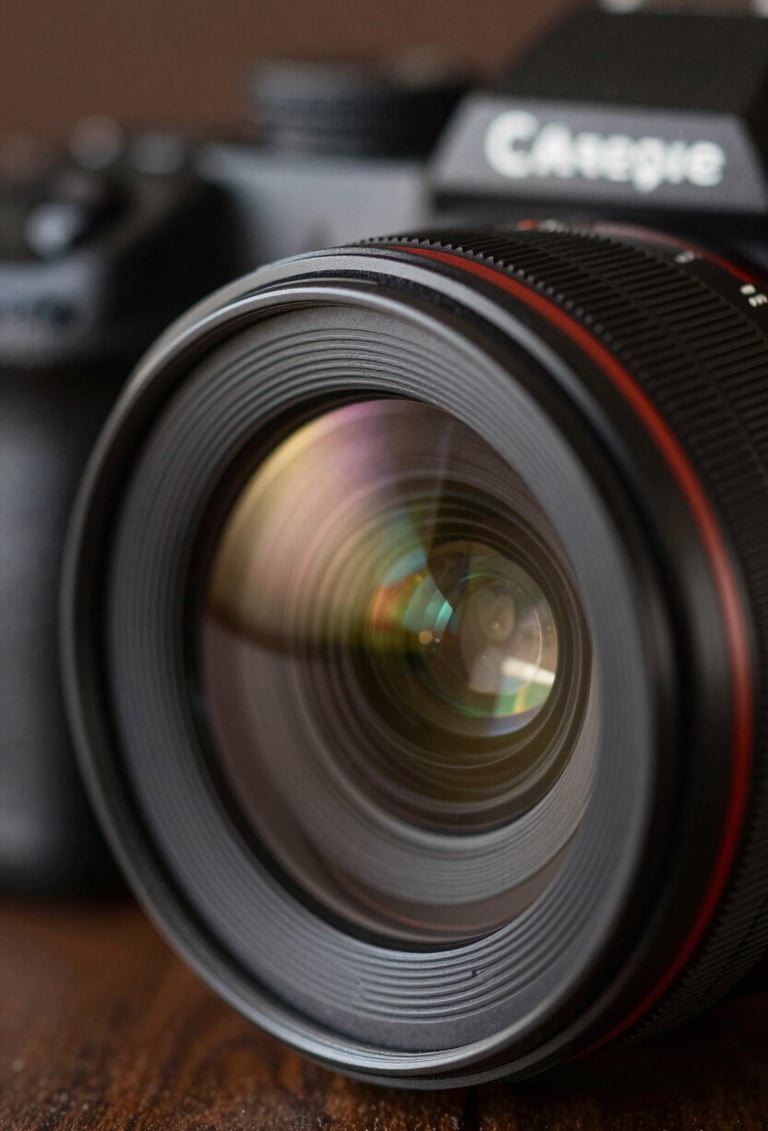 Close-up detail of a professional camera lens reflecting soft studio lights, with warm brown #4B2E2B and deep black #0D0D0D tones, symbolizing technical precision and artistic focus.